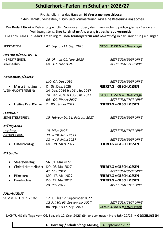 Auflistung aller Ferienzeiten und Schließzeiten von 2026/2027